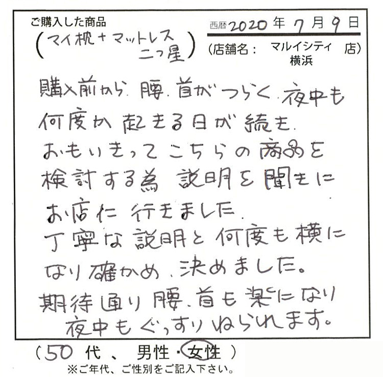 丁寧な説明と何度も横になり確かめ、決めました。腰、首も楽になり夜中もぐっすり寝られます。