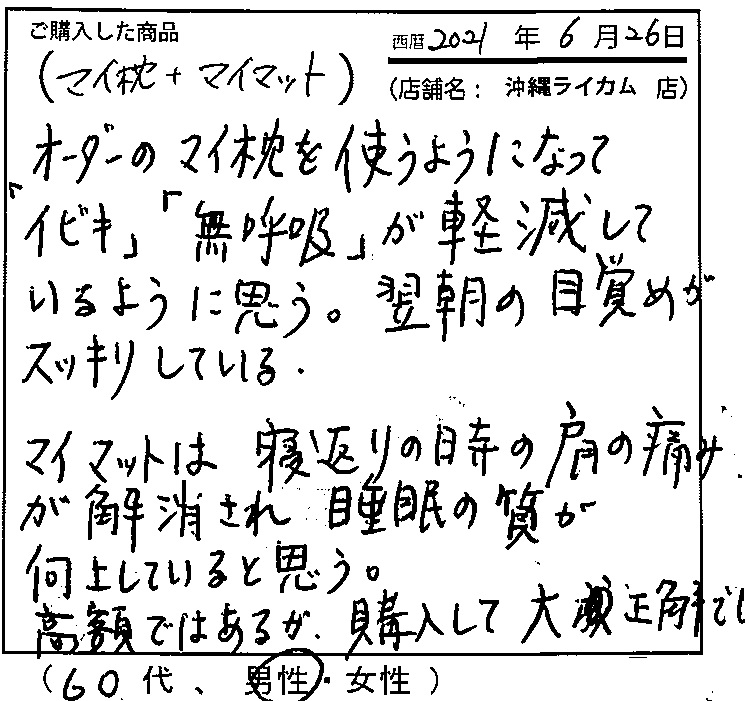 「イビキ」「無呼吸」が軽減しているように思う。翌朝の目覚めがすっきりしている。