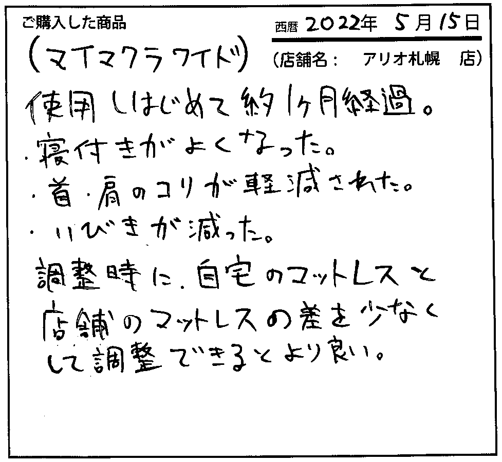 寝つきがよくなった。首・肩のコリが軽減された。いびきが減った。