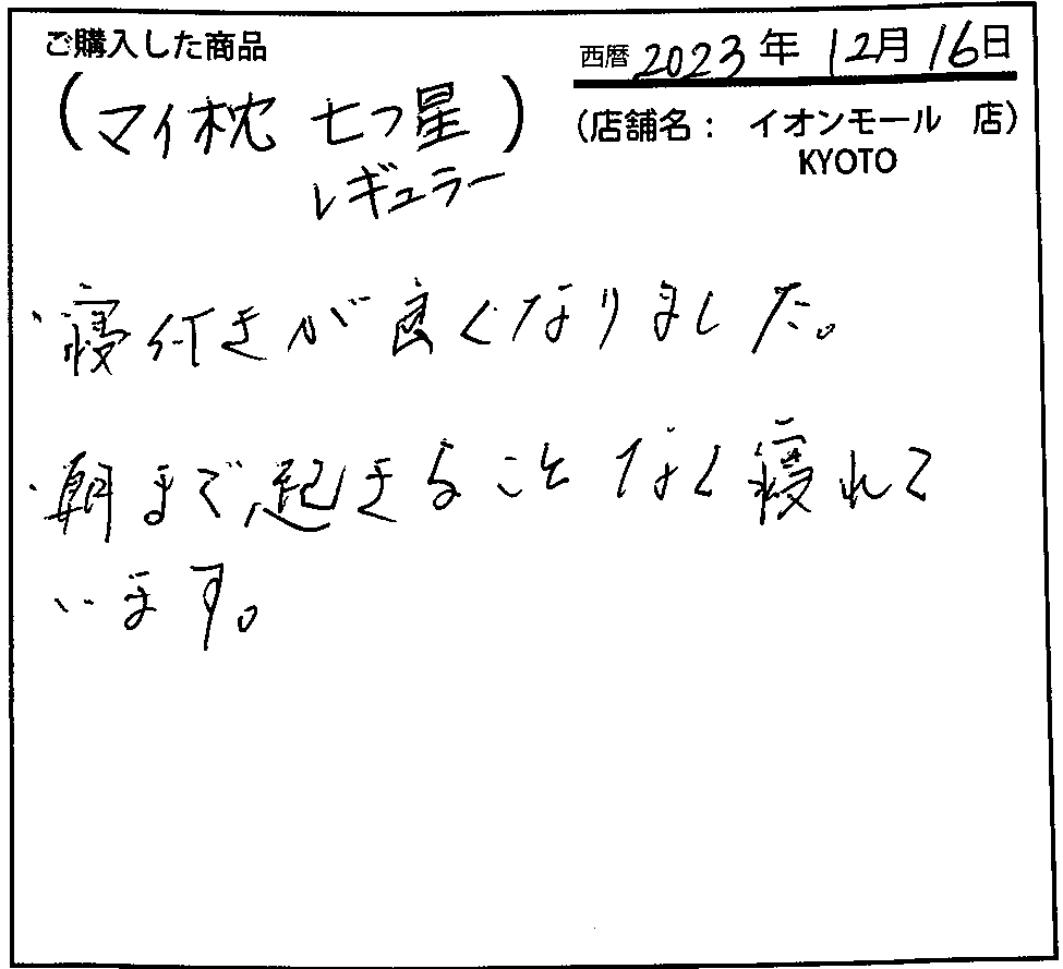 寝つきが良くなりました。朝まで起きることなく寝れています。