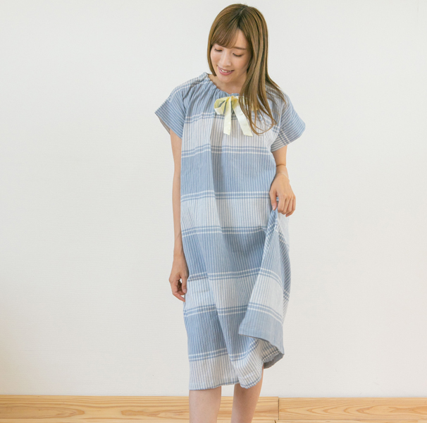 シワ加工が涼しい ローンシャーリングストライプチェック 半袖ワンピース レディースパジャマ シワ加工が涼しい ローンシャーリングストライプチェック 半袖ワンピース レディースパジャマ
