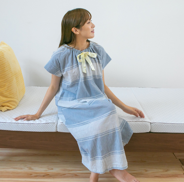 シワ加工が涼しい ローンシャーリングストライプチェック 半袖ワンピース レディースパジャマ シワ加工が涼しい ローンシャーリングストライプチェック 半袖ワンピース レディースパジャマ