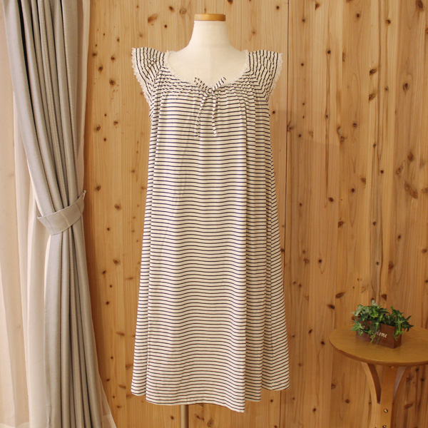 やわらかく涼しい天竺ニット ルームウェア ノースリーブ 袖なし ボーダー ワンピース