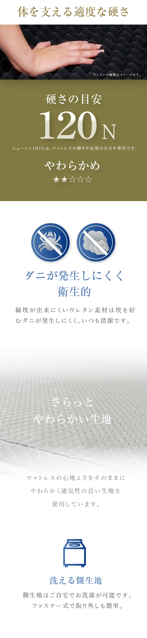 体を支える適度な硬さ 硬さの目安120N やわらかめ