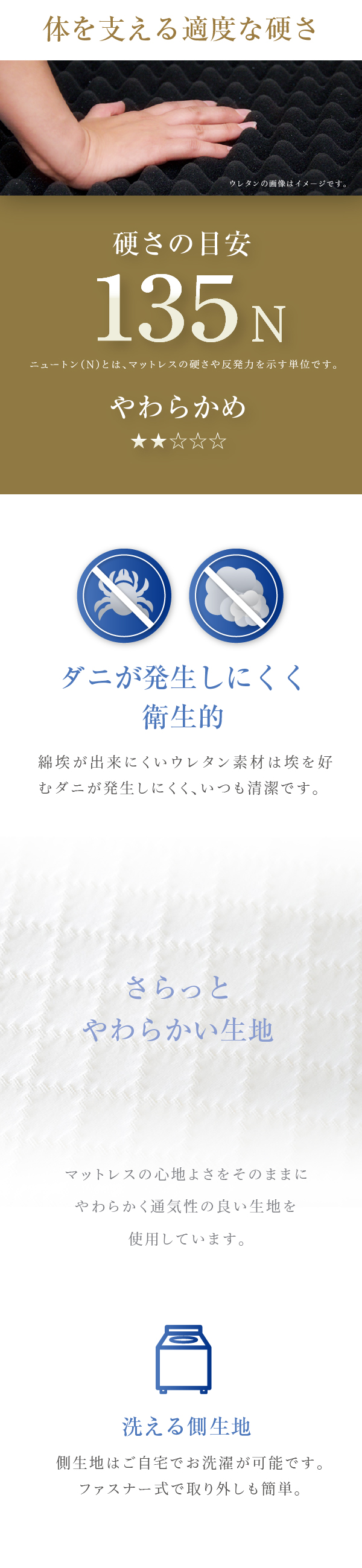 体を支える適度な硬さ 135N やわらかめ
