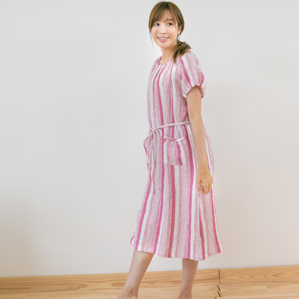ふわっと二重ガーゼ シャーリングストライプ 半袖ワンピース パジャマ