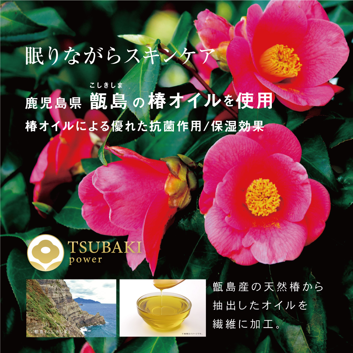 鹿児島県甑島の椿オイルを繊維に加工 椿オイルによる優れた抗菌作用/保湿効果