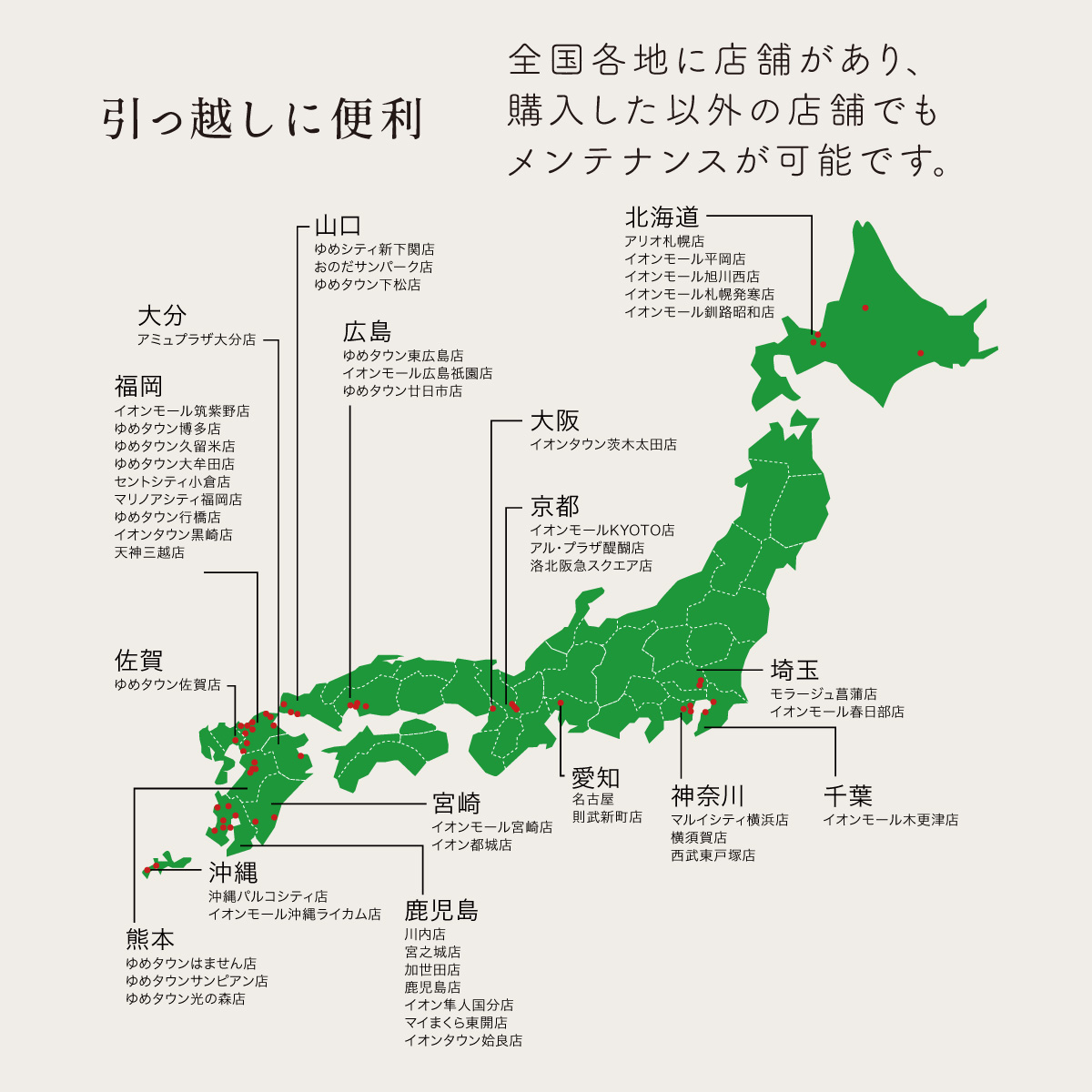 マイまくらは全国各地に店舗があり、購入した以外の店舗でもメンテナンスが可能です。
