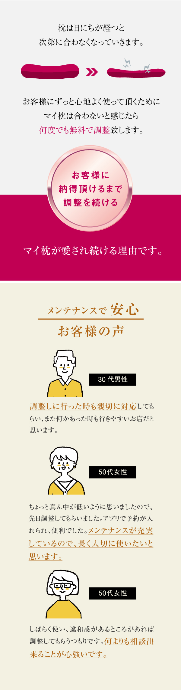納得頂けるまで調整を続けるマイ枕が愛され続ける理由です