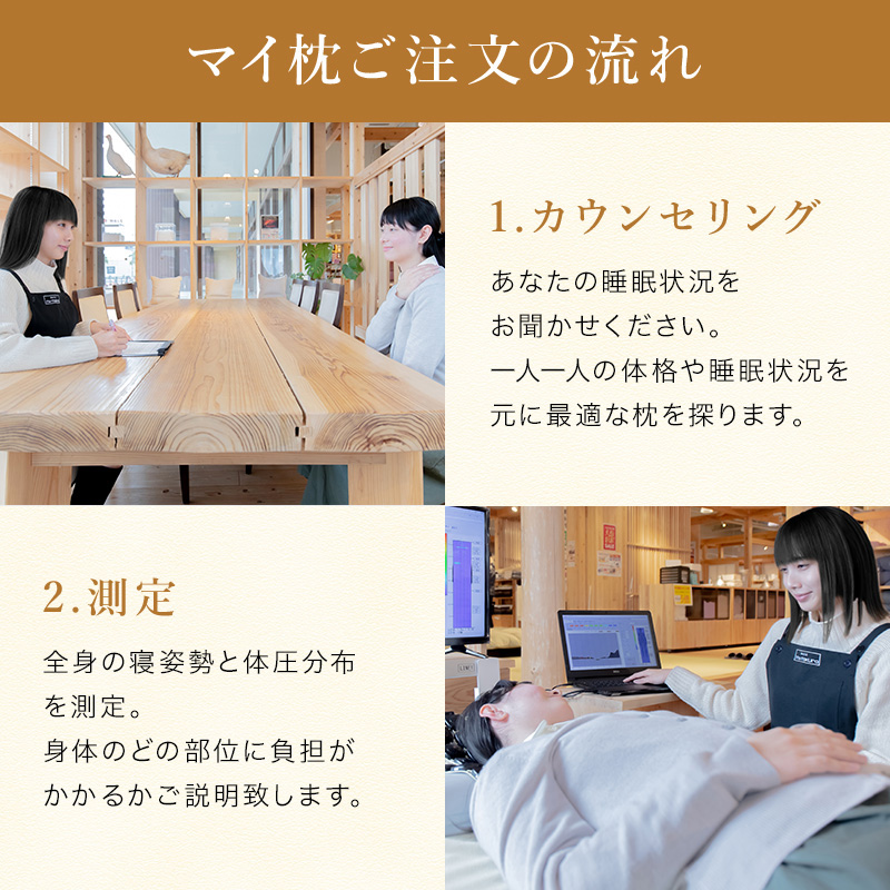 仰向け寝と横向き寝の姿勢では必要な高さが違います。必要な高さをしっかり算出!敷きふとんの硬さによっても必要な枕の高さは変わります。マイ枕はいつでも無料でメンテナンスいたします。