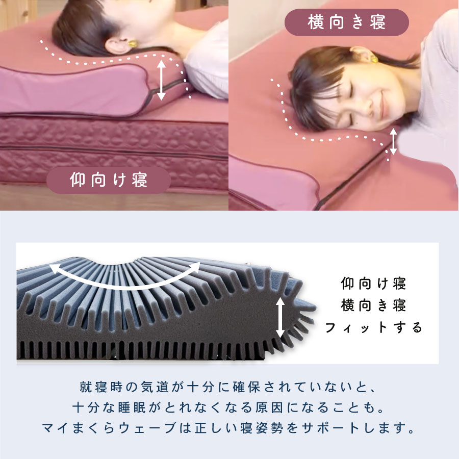 マイまくらウエーブ-気道を塞がないから、呼吸がしやすい。就寝時の気道が十分に確保されていないと、十分な睡眠がとれなくなる原因になることも。マイまくらウェーブは正しい寝姿勢をサポートします。