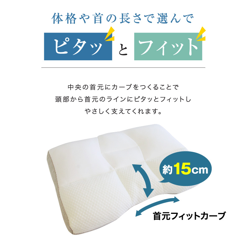 中央の首元にカーブをつくることで頭部から首元のラインにピタッとフィットしやさしく支えてくれます。