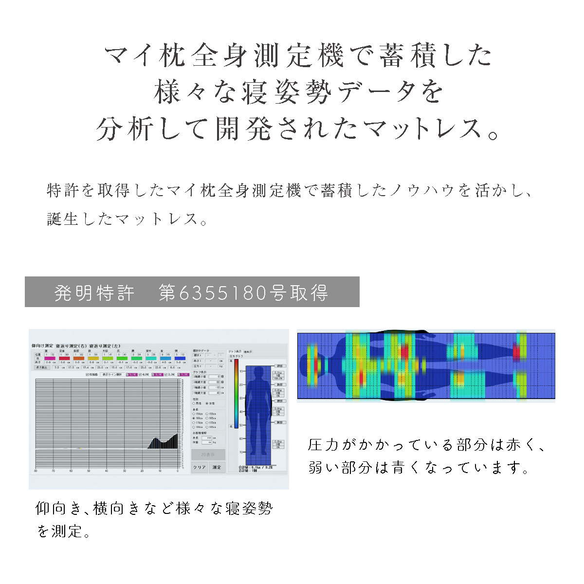 rakune10-マイ枕全身測定機で蓄積した様々な寝姿勢データを分析して開発されたマットレス。