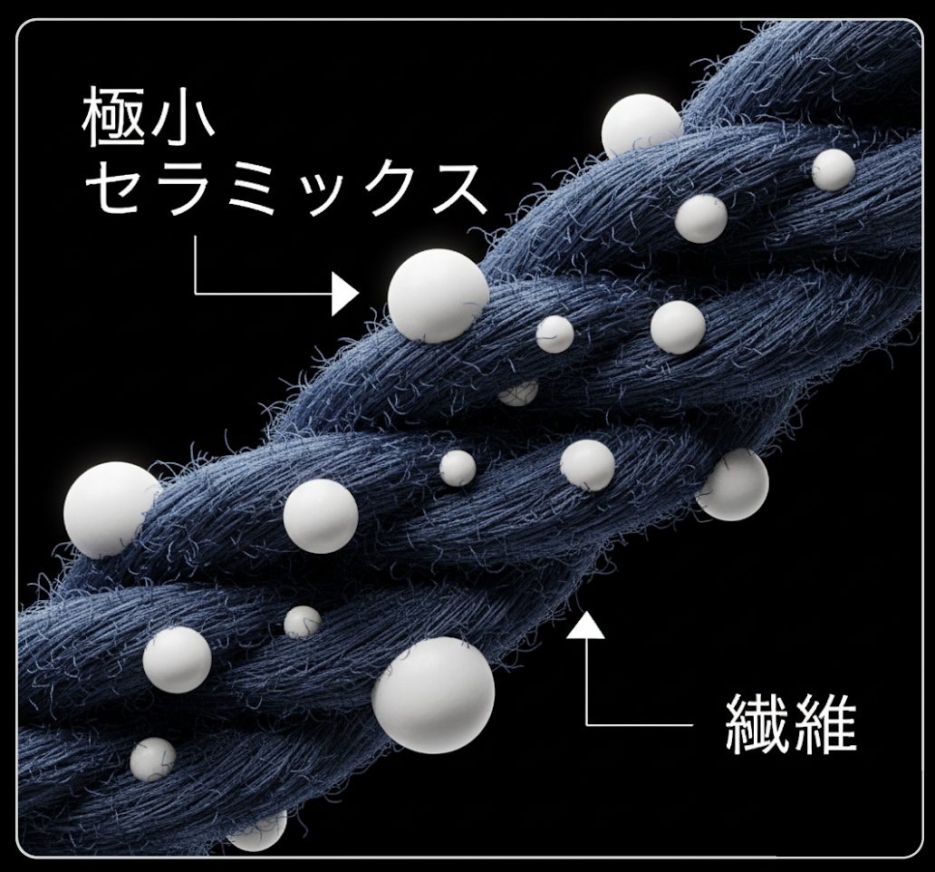 繊維原料の極小セラミックスを独自に配合し、特殊紡績することで遠赤外線を輻射する蓄熱保温繊維が完成しました。