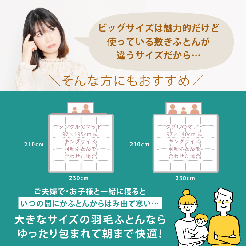 家族で眠れるファミリーサイズ-お一人でゆったり、ご夫婦で、お子様と二人で、親子三人で川の字スタイル-ゆったる眠ることができるサイズ感です。キングサイズ羽毛ふとん2kg
