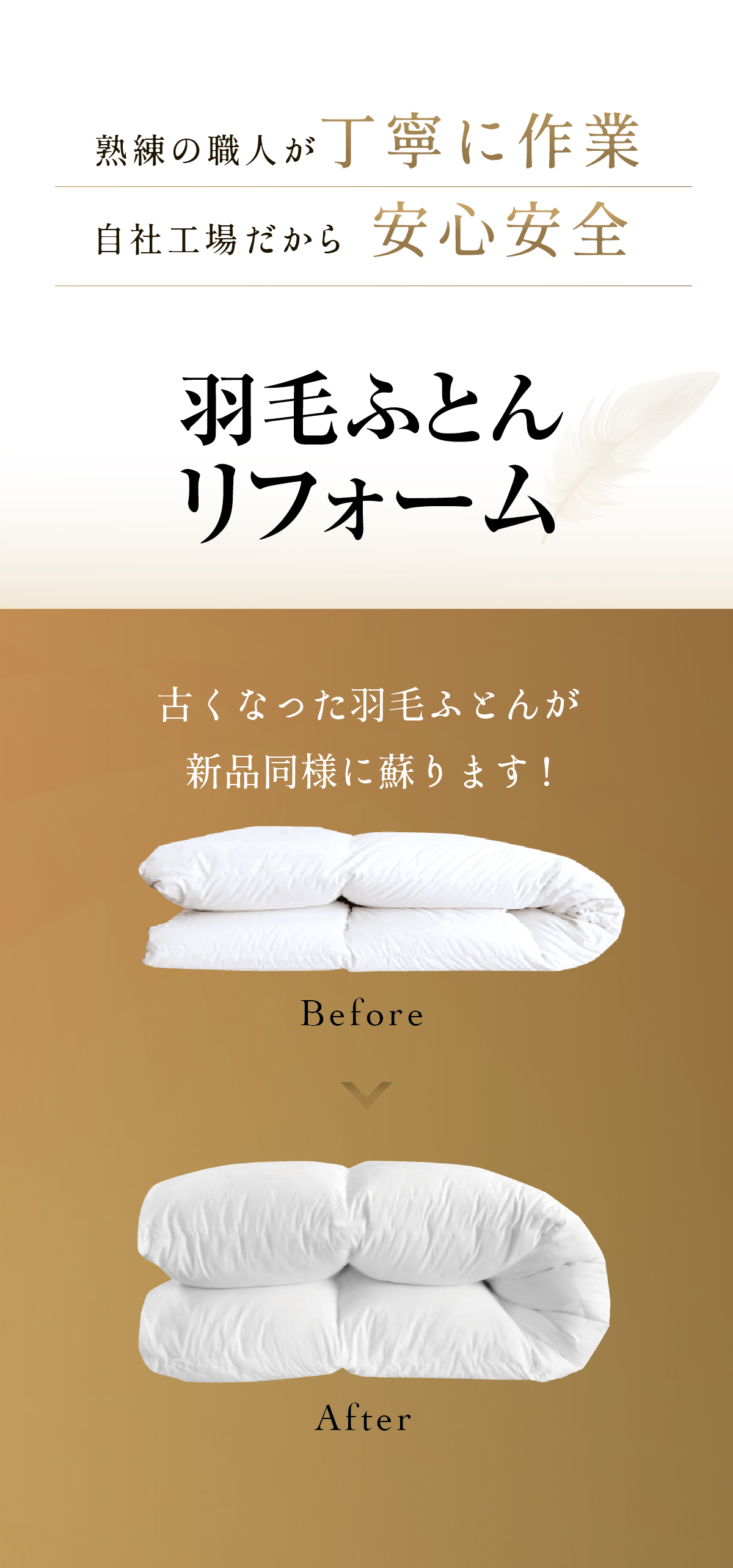 熟練の職人が丁寧に作業、自社工場だから安心安全、羽毛ふとんリフォーム、古くなった羽毛ふとんが新品同様に蘇ります